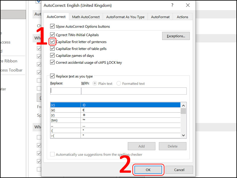 Tick chọn Capitalize first letter of sentences